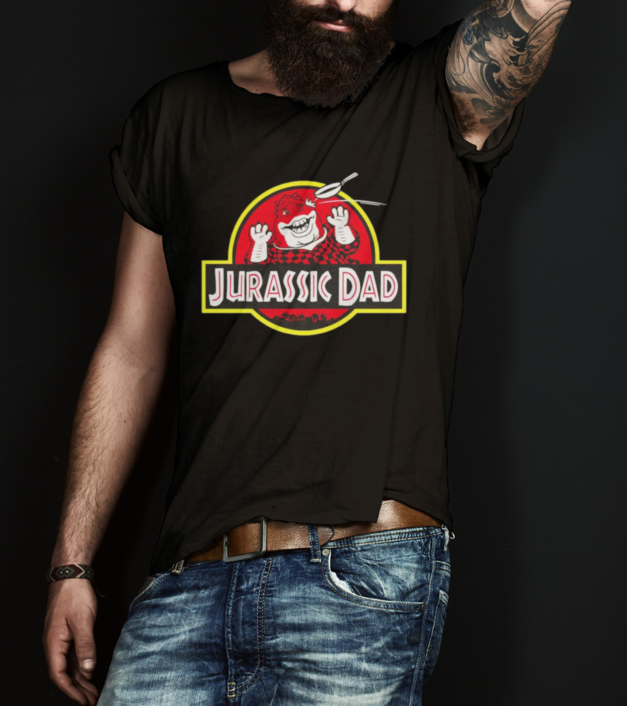Jurassic Dad Dinosaur Cartoon Logo Frying Pan Image T-Shirt