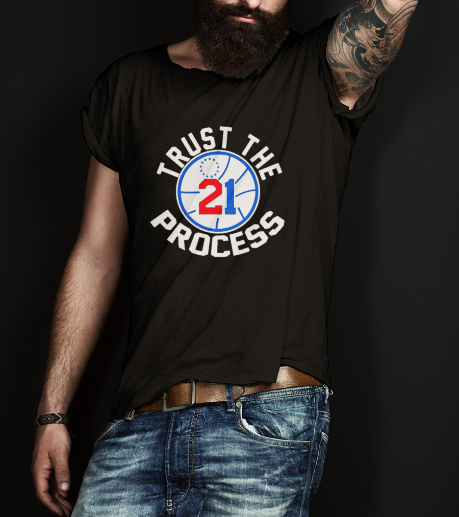 Philadelphia 76ers Joel Embiid 21 Trust The Process Basketball Emblem T-Shirt