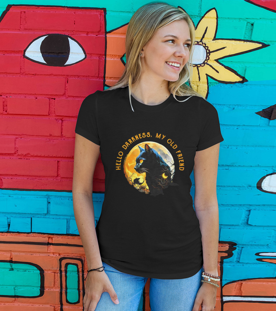 Black Cat Hello Darkness My Old Friend Moon Scene T-Shirt