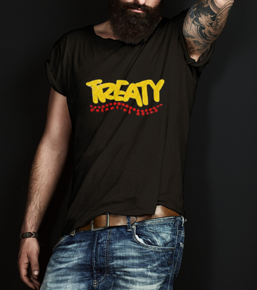 Treaty Dreamtime Aroha Yellow Text With Red Dots T-Shirt