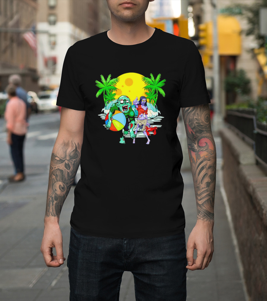 Zombie Beach Party Under Palm Trees with Beach Ball and Surf Waves T-Shirt