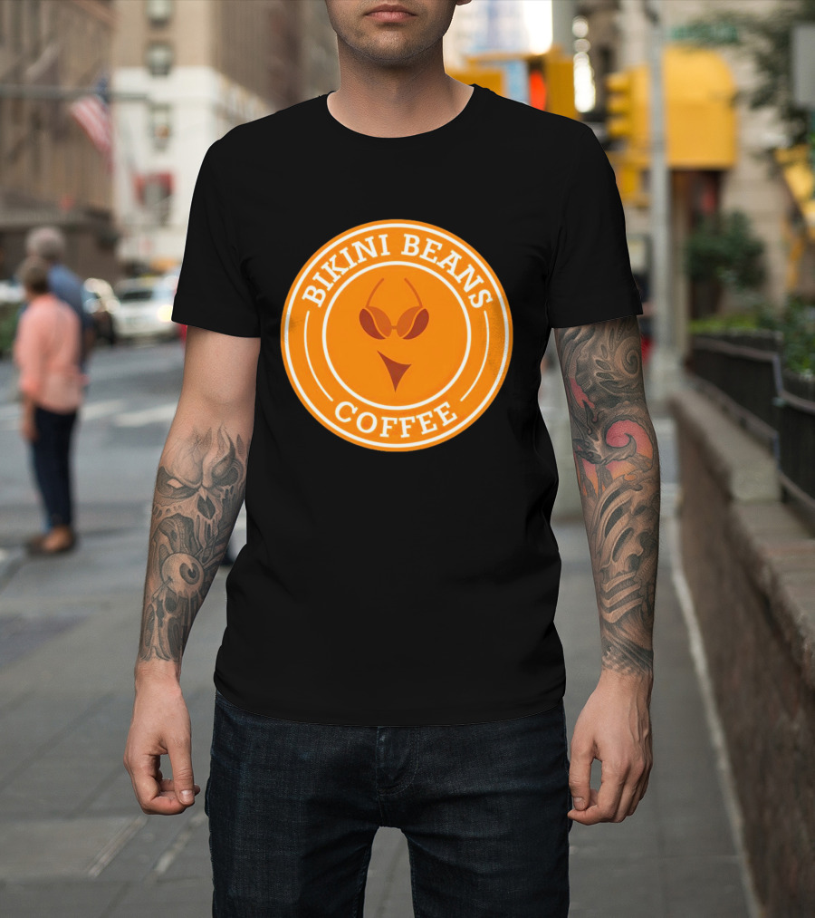 Bikini Beans Coffee Circular Logo with Sunglasses and Orange Background T-Shirt