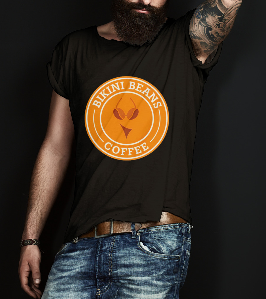 Bikini Beans Coffee Circular Logo With Sunglasses And Orange Background T-Shirt