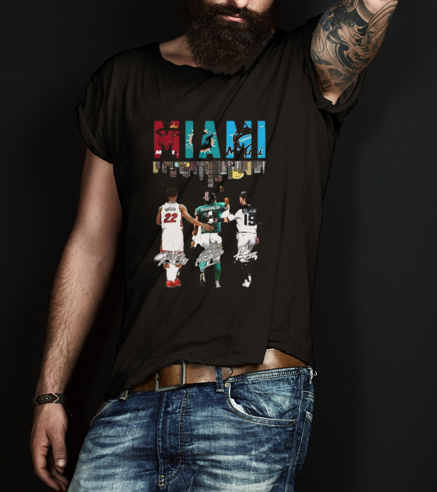 Miami Heat Dolphins Marlins Butler Tagovailoa Rojas Signatures T-Shirt