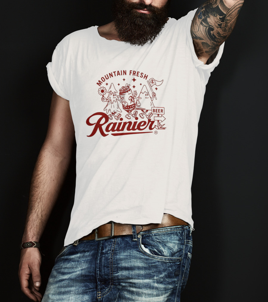Rainier Mountain Fresh Beer Characters With Flower And Flag T-Shirt