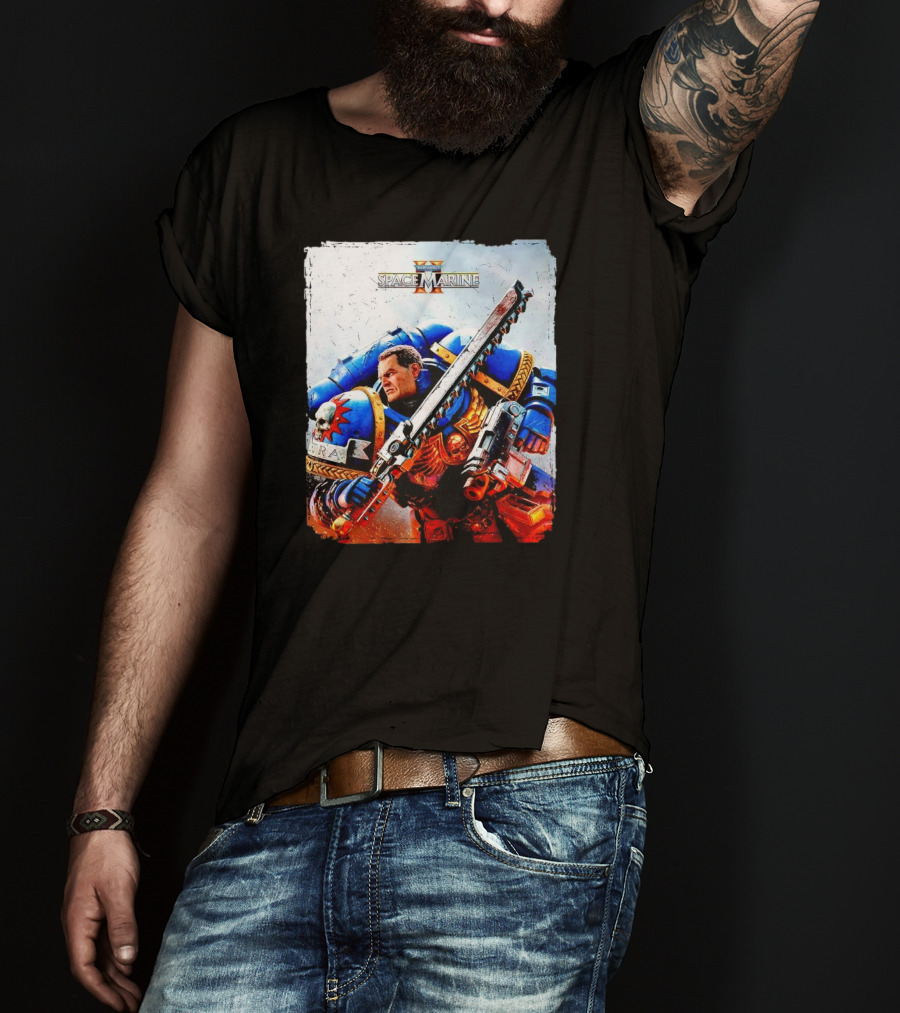 Warhammer 40000 Space Marine 2 Titus Game Art Ultramarine Warrior Battle Scene T-Shirt