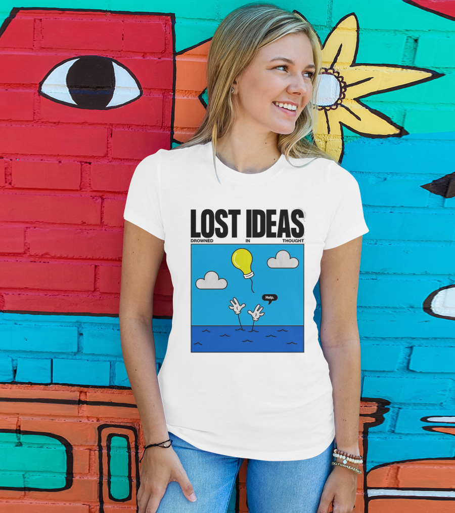 Lost Ideas Drowned In Thought Help Lightbulb Above Water Hands Clouds T-Shirt