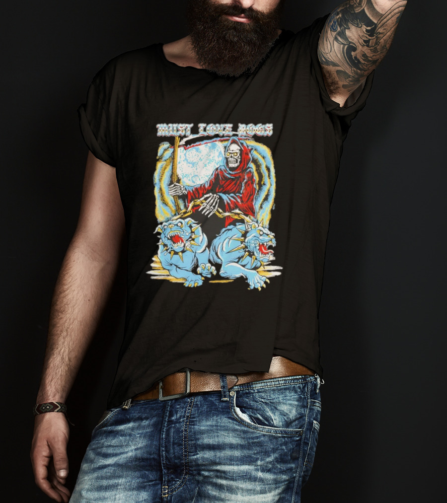 Must Love Dogs Skeleton Grim Reaper With Fierce Blue Dogs T-Shirt