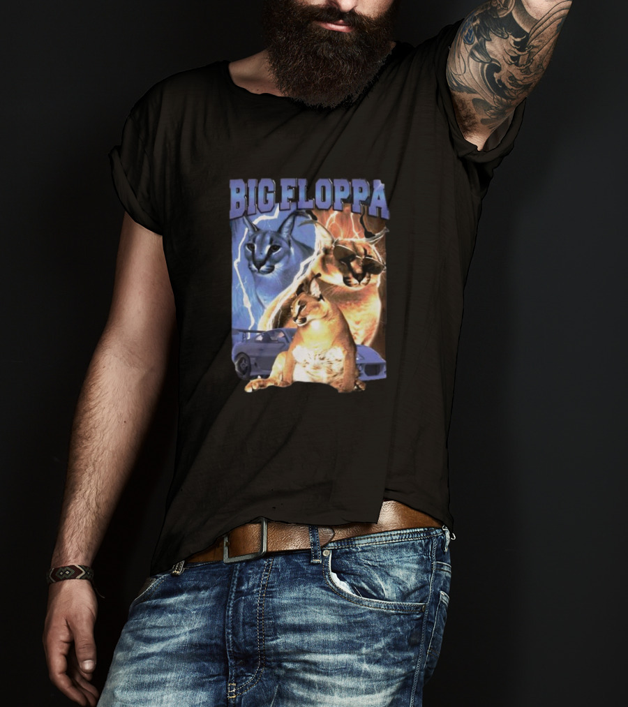 Big Floppa Lightning Caracal Trio With Lightning And Sports Car T-Shirt