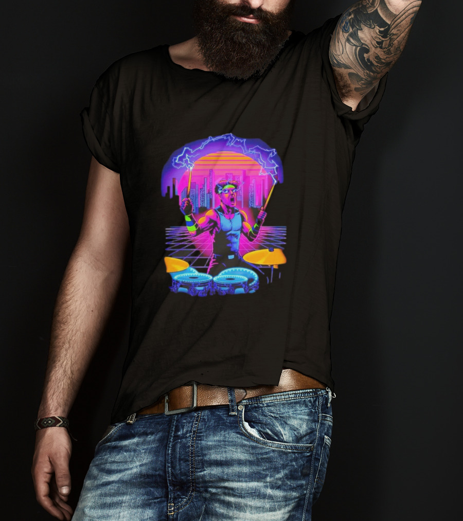 Drumatron Neon City Electric Drummer In Retro Futuristic Skyline T-Shirt