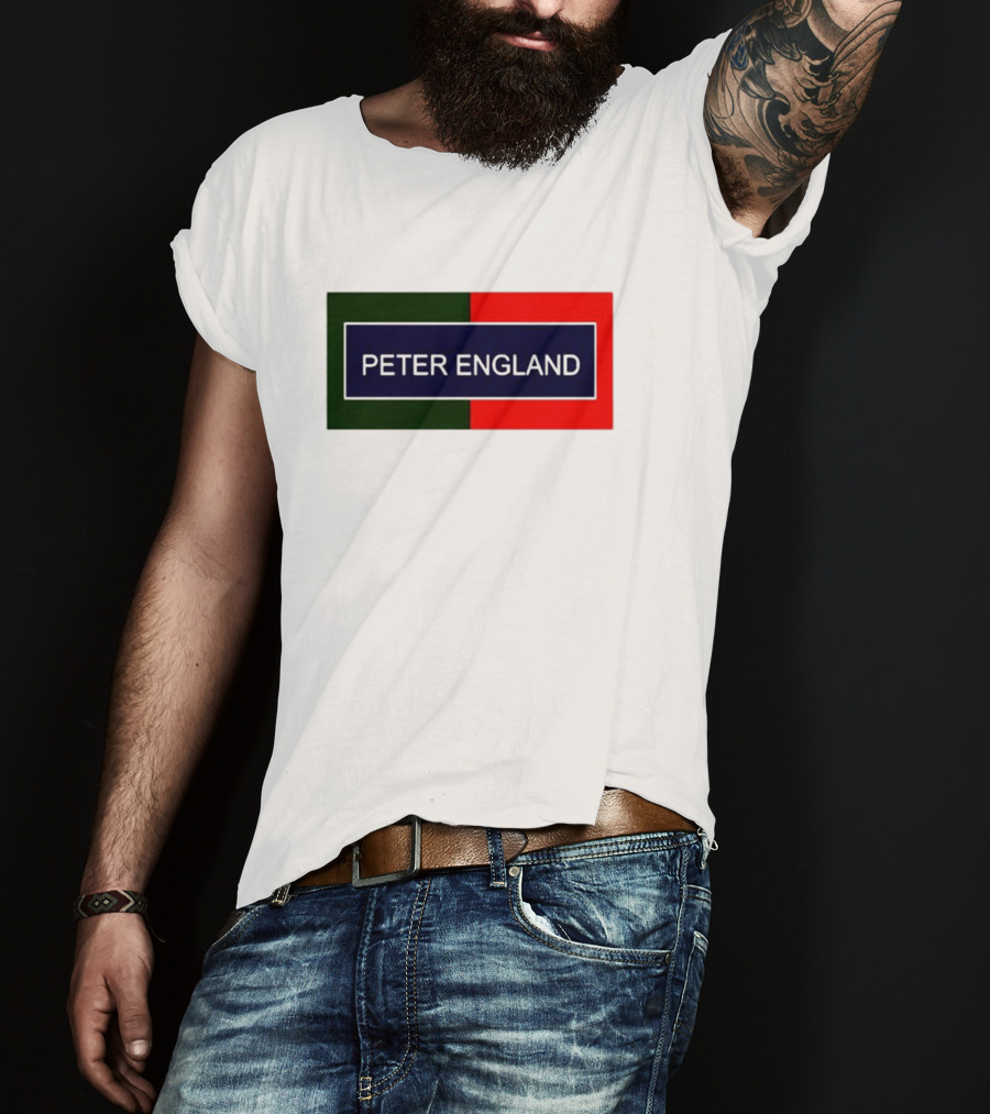 PETER ENGLAND Black Background Rectangular Logo With Green And Red Blocks T-Shirt