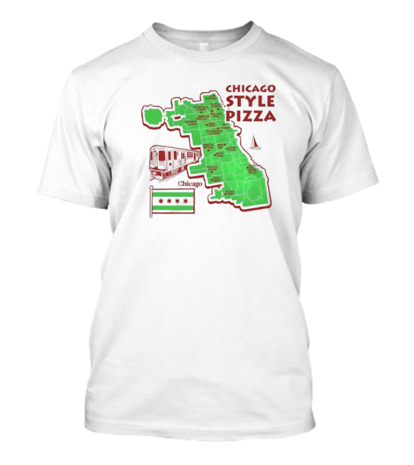Chicago Style Pizza Map With Train And City Flag T-Shirt