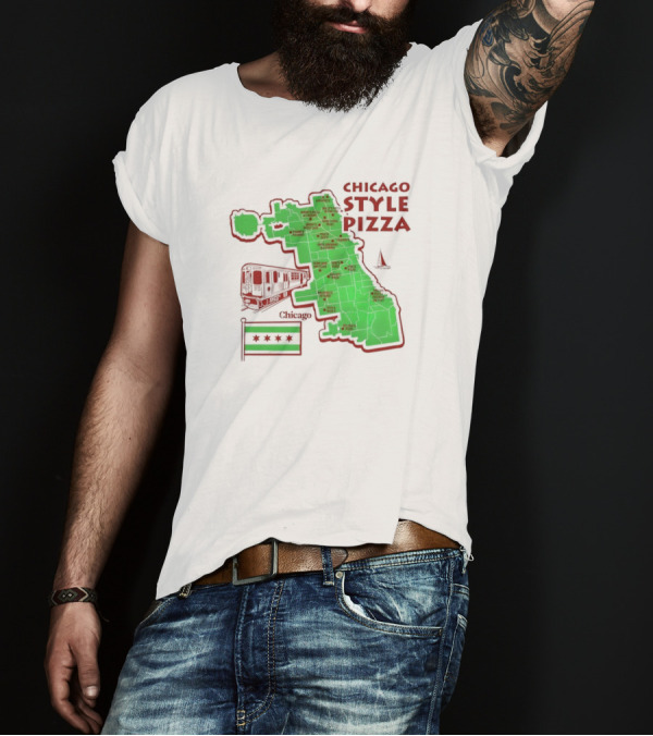 Chicago Style Pizza Map With Train And City Flag T-Shirt