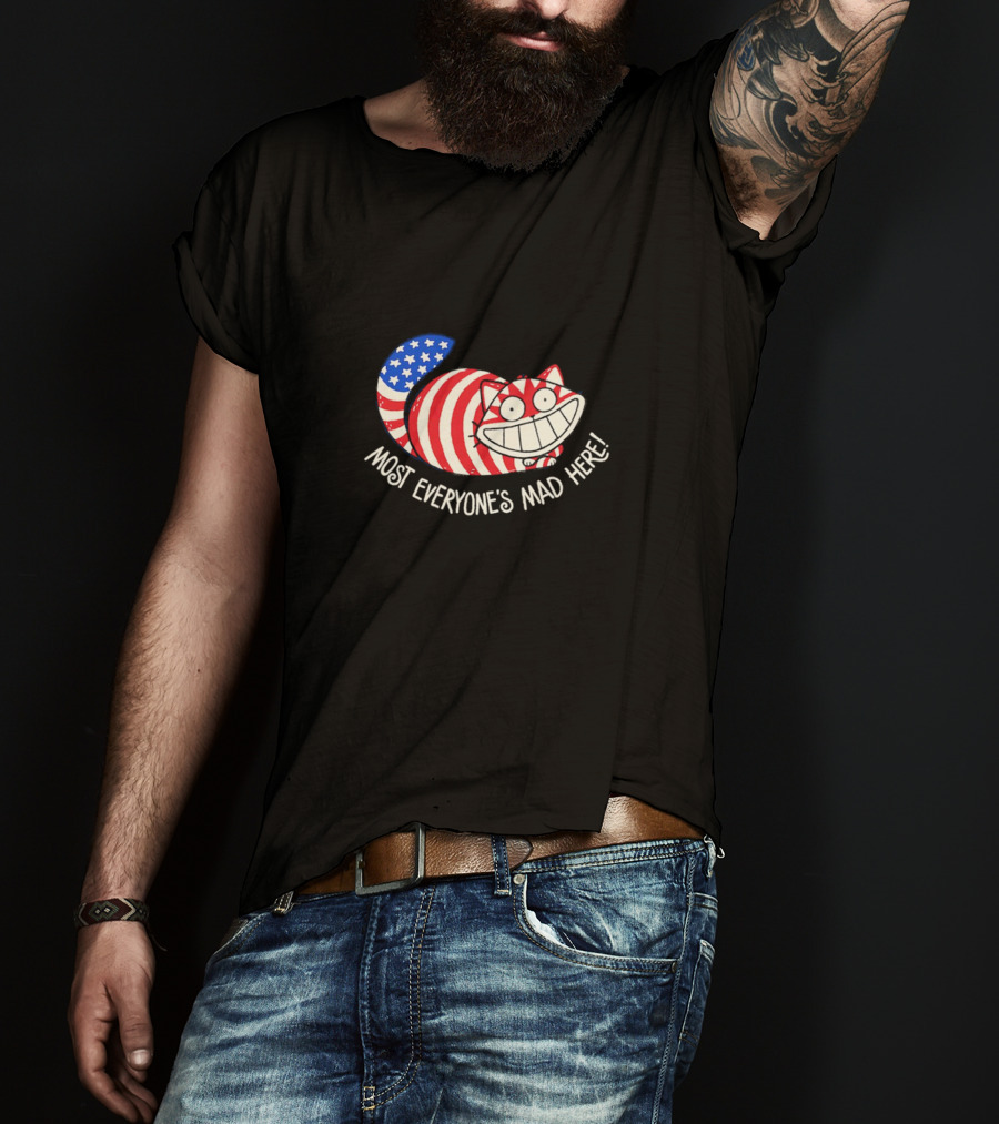 Muricat Most Everyone's Mad Here Cheshire Cat American Flag Stripes T-Shirt