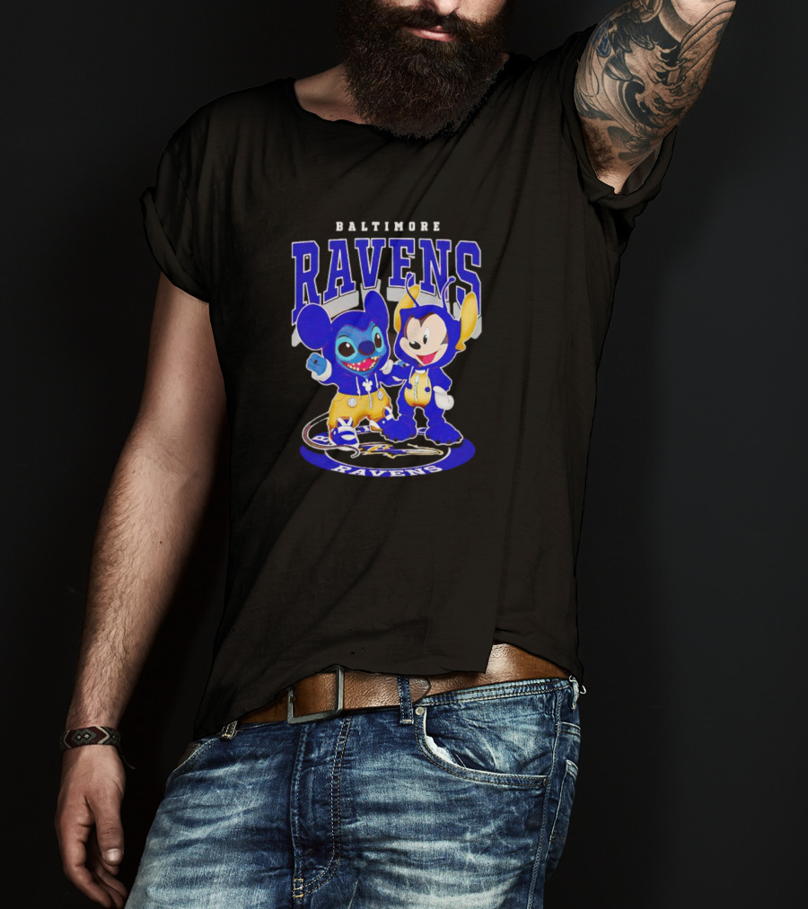 Baltimore Ravens Stitch And Mickey Character Collaboration Football T-Shirt