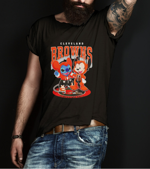 Cleveland Browns Mickey And Stitch Character Hoodie Fan T-Shirt