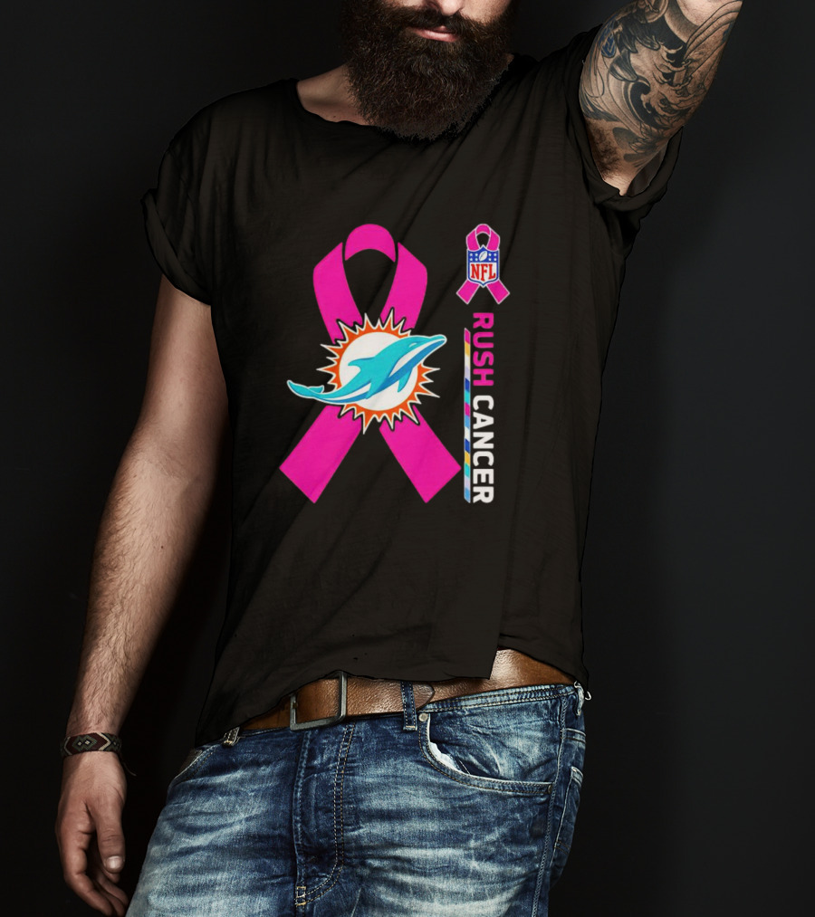Miami Dolphins NFL Rush Cancer Pink Ribbon Emblem T-Shirt