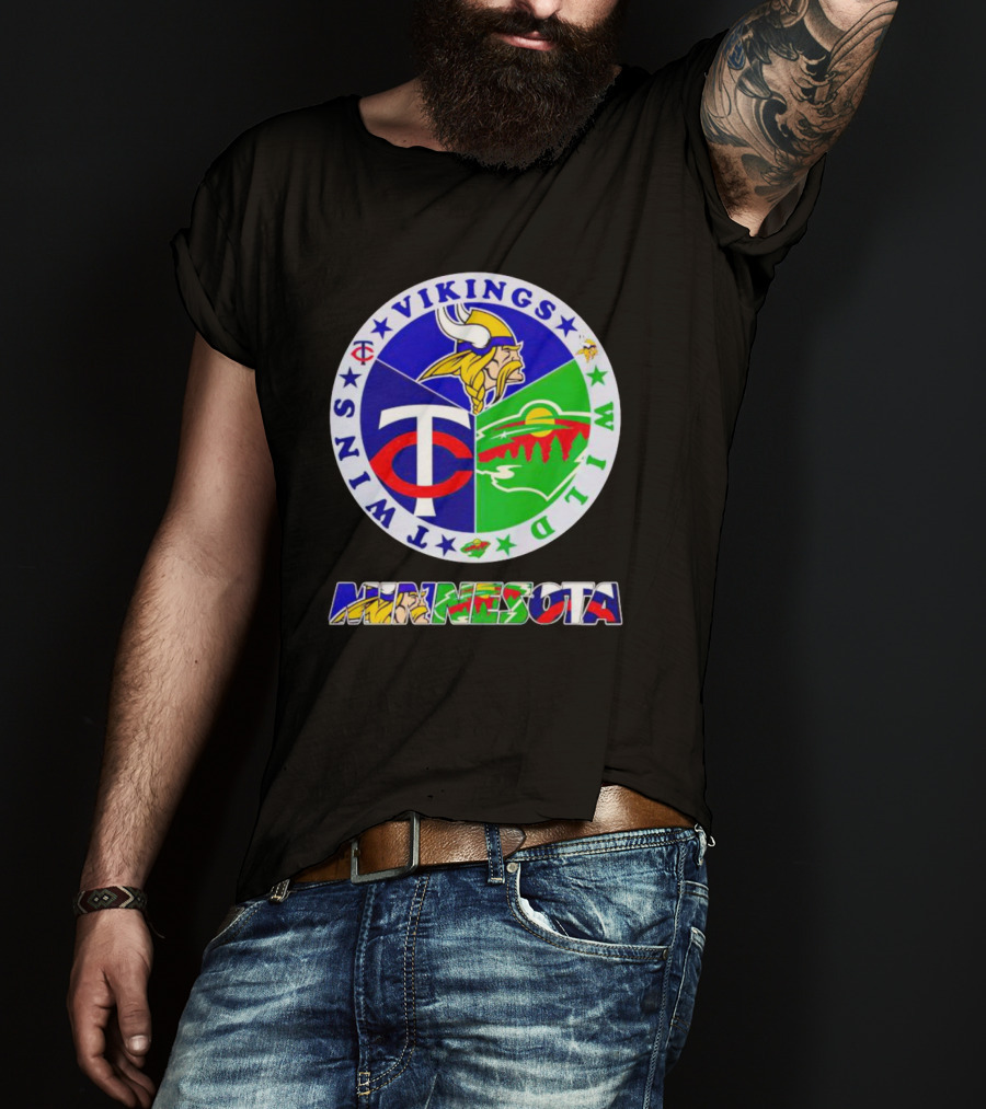 Minnesota Vikings Twins Wild Logos Circle And Colorful Minnesota Text T-Shirt