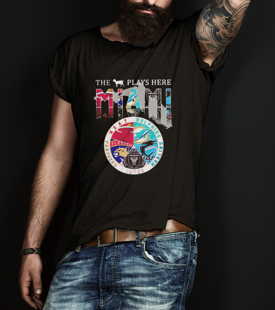 Miami Sports Team Logos Panther Heat Dolphins Marlins Inter The Goat Plays Here T-Shirt