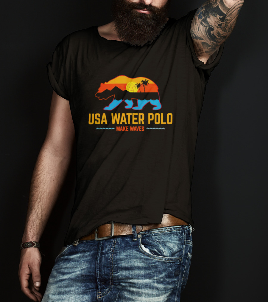 USA Water Polo Bear Make Waves Sunset Palm Trees Volleyball T-Shirt
