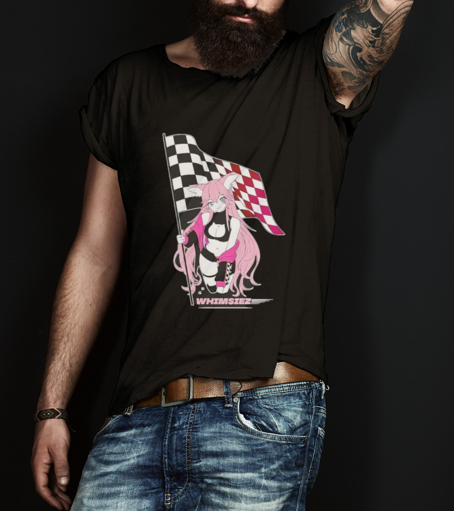 Whimsiez Checkered Flag Pink-Haired Girl Racing T-Shirt