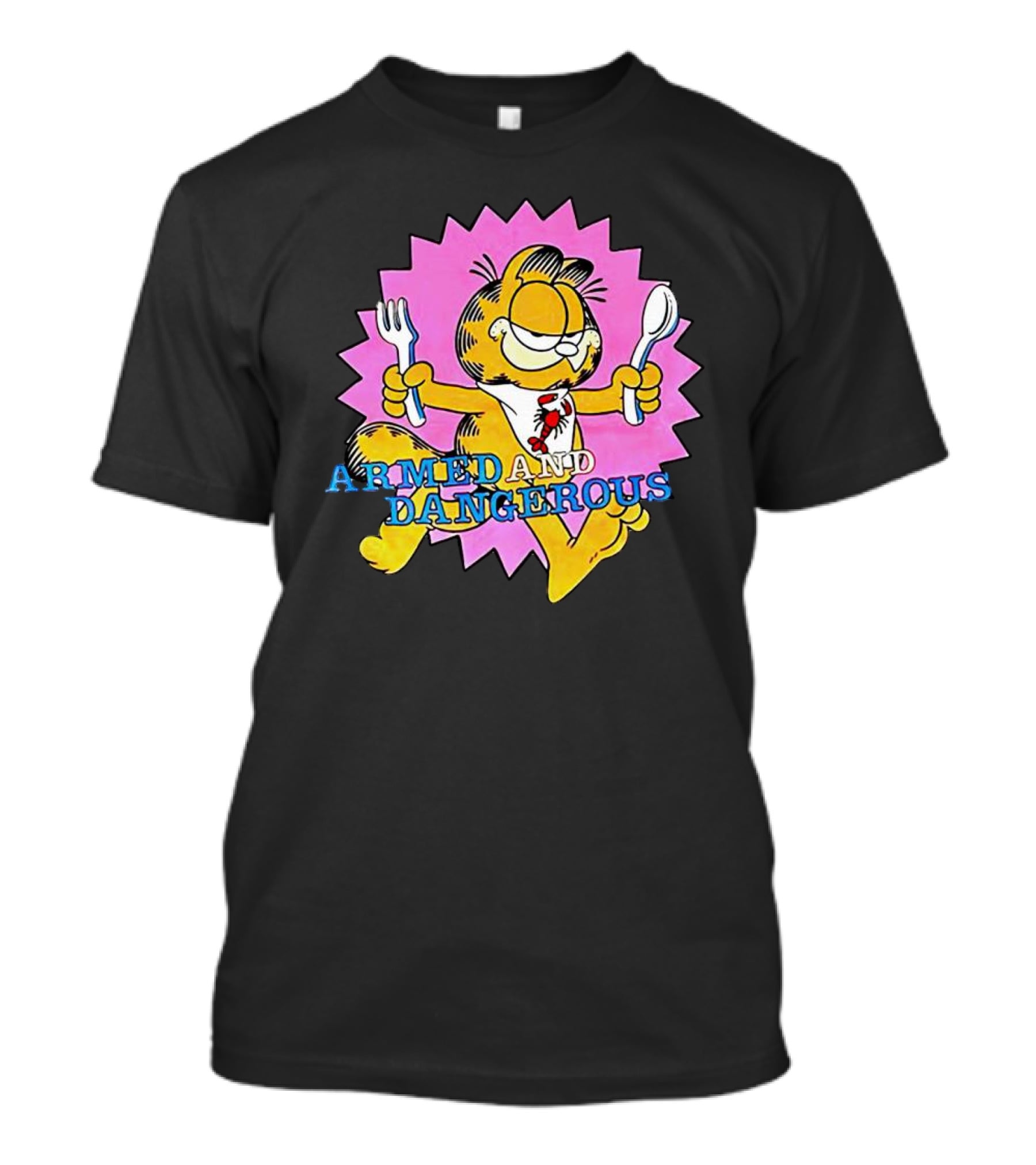 Armed And Dangerous Garfield With Fork And Spoon On Pink Starbursts T-Shirt