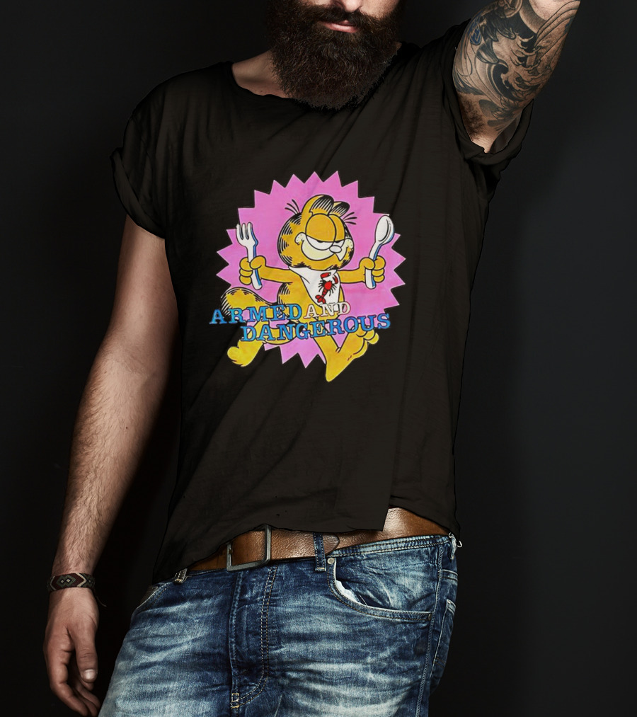 Armed And Dangerous Garfield With Fork And Spoon On Pink Starbursts T-Shirt