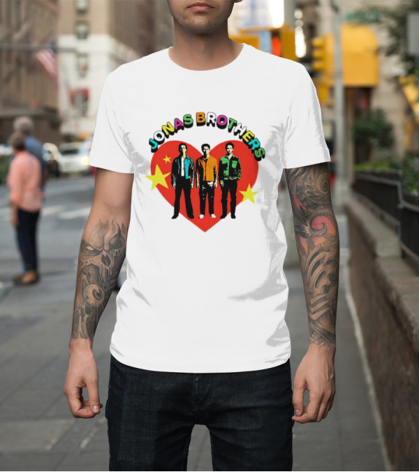 Shirt: Jonas Brothers Heart Colorful Text with Stars and Figures T-Shirt Jonas Brothers Heart Colorful Text with Stars and Figures T-Shirt