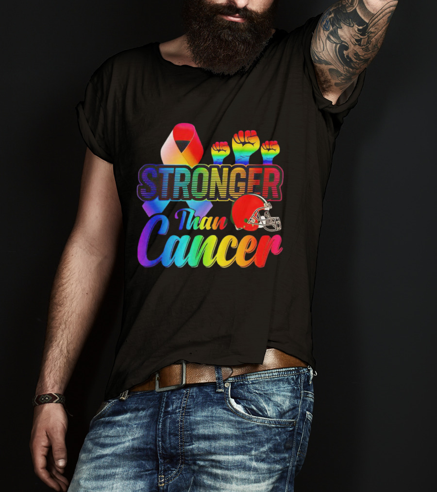 Cleveland Browns Stronger Than Cancer Rainbow Ribbon And Helmet T-Shirt