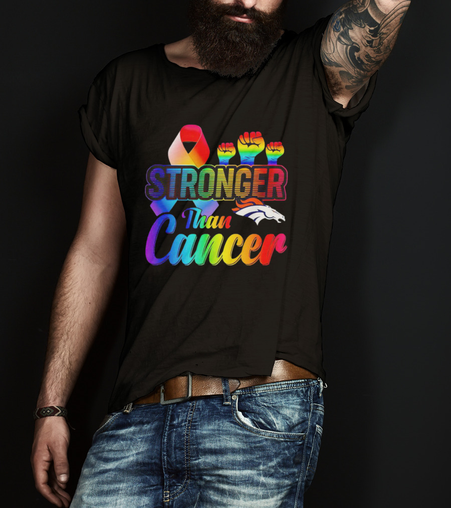 Denver Broncos Stronger Than Cancer Rainbow Ribbon Fists T-Shirt