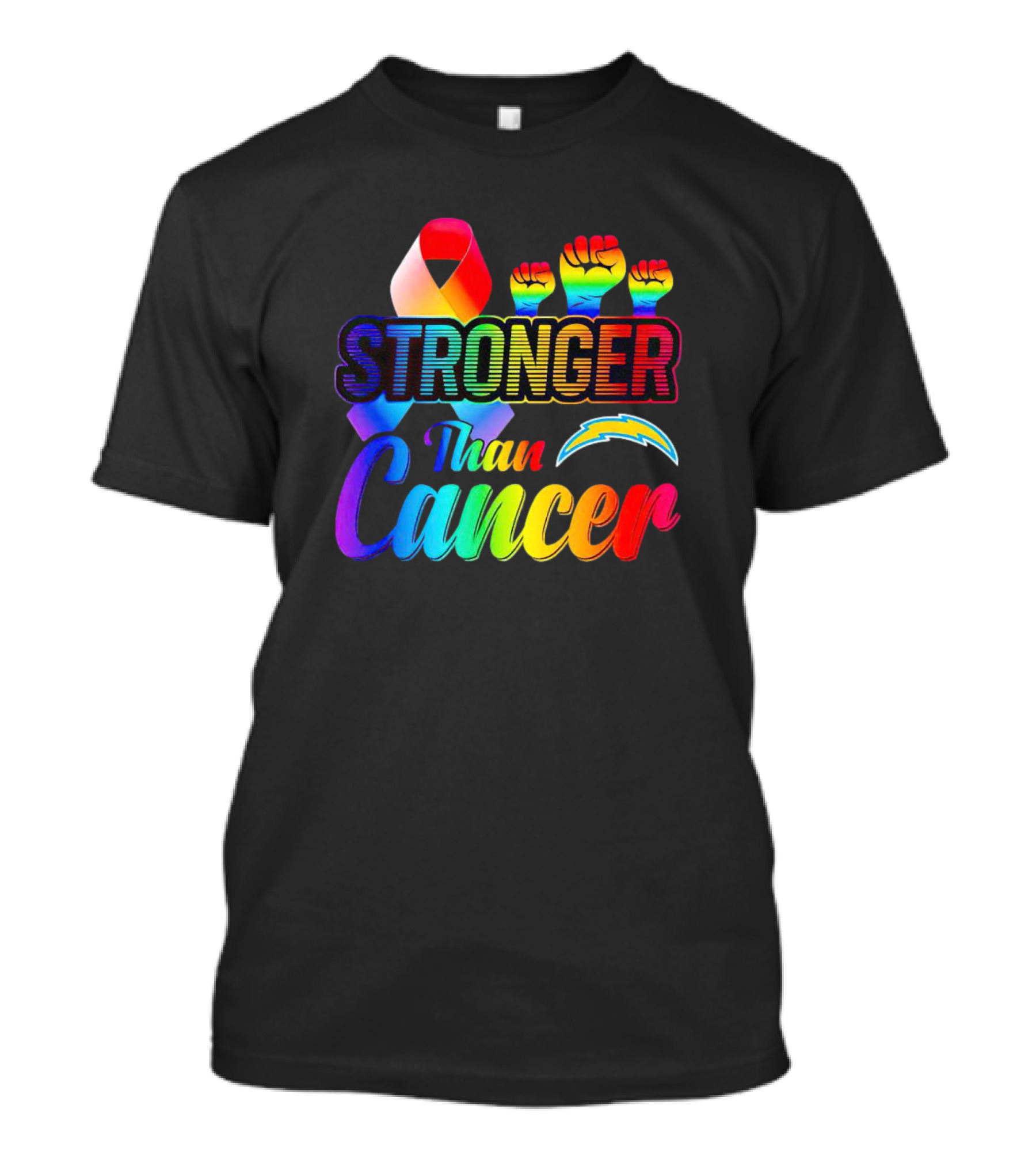 Los Angeles Chargers Stronger Than Cancer Rainbow Ribbon And Fists T-Shirt