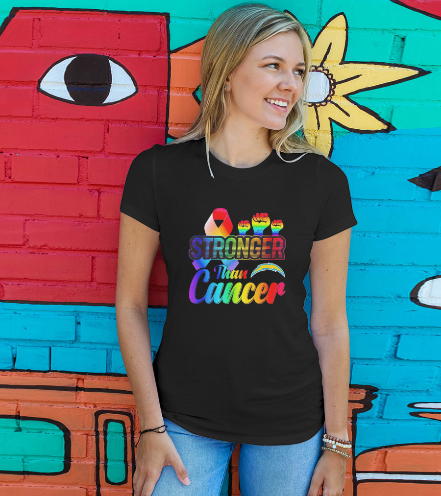 Los Angeles Chargers Stronger Than Cancer Rainbow Ribbon And Fists T-Shirt