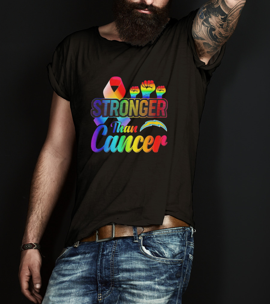 Los Angeles Chargers Stronger Than Cancer Rainbow Ribbon And Fists T-Shirt