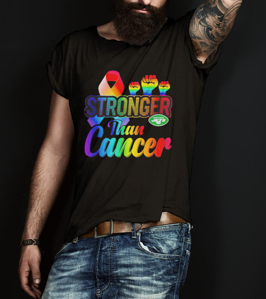 New York Jets Stronger Than Cancer Rainbow Ribbon And Fists T-Shirt