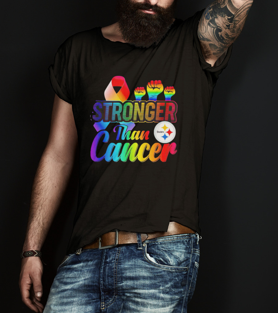 Pittsburgh Steelers Stronger Than Cancer Rainbow Ribbon And Fists T-Shirt