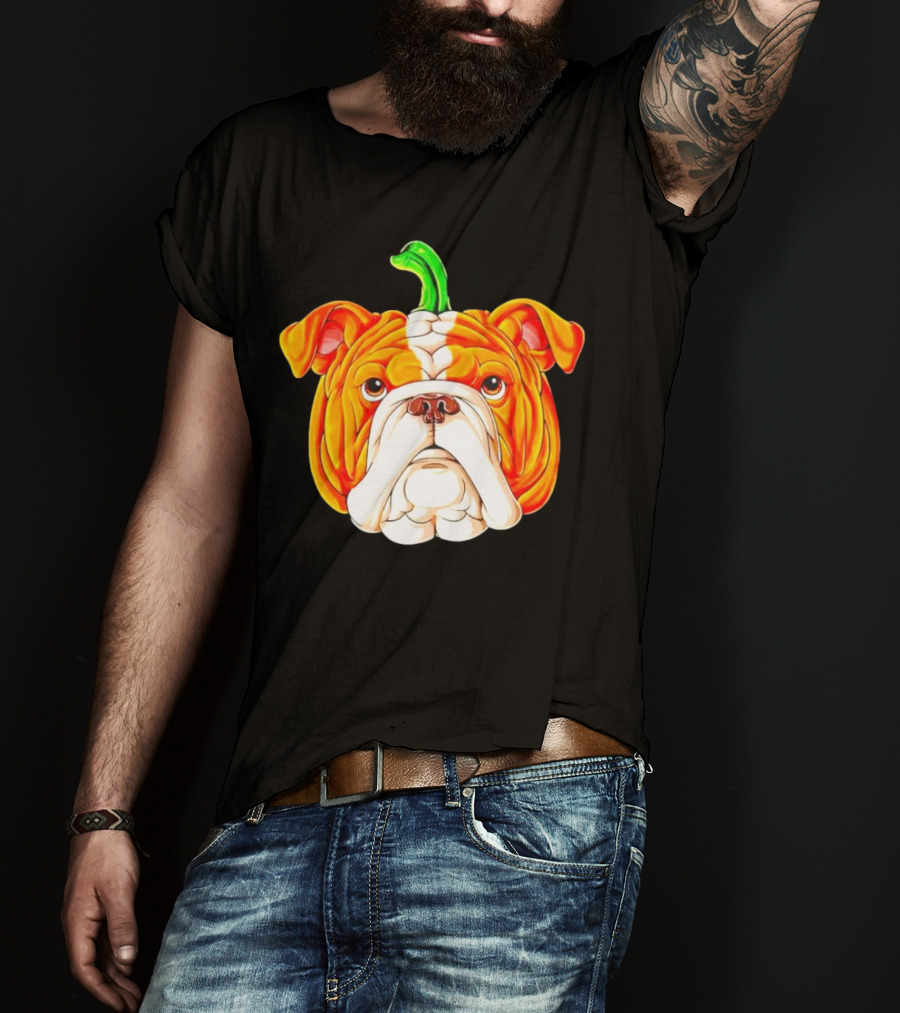 Bulldog Pumpkin Halloween Face With Green Stem T-Shirt