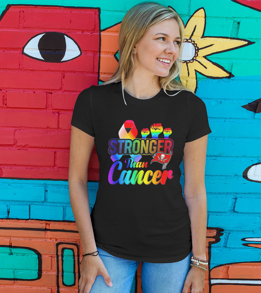 Tampa Bay Buccaneers Stronger Than Cancer Rainbow Ribbon Fists T-Shirt