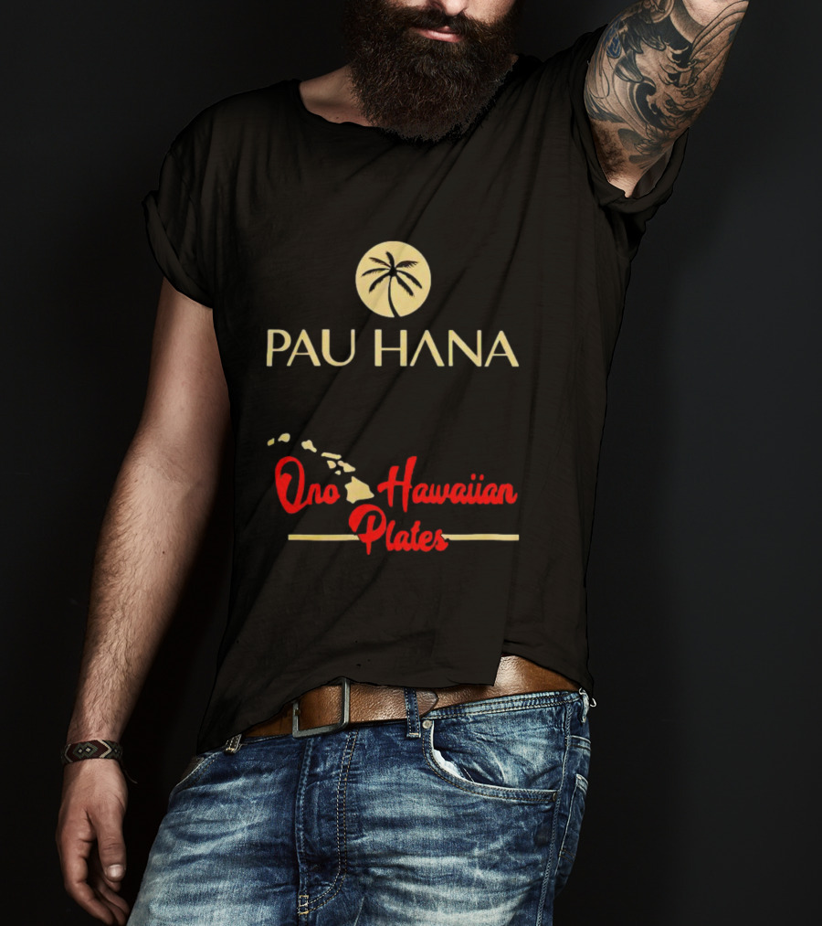Pau Hana Palm Logo Ono Hawaiian Plates Map T-Shirt