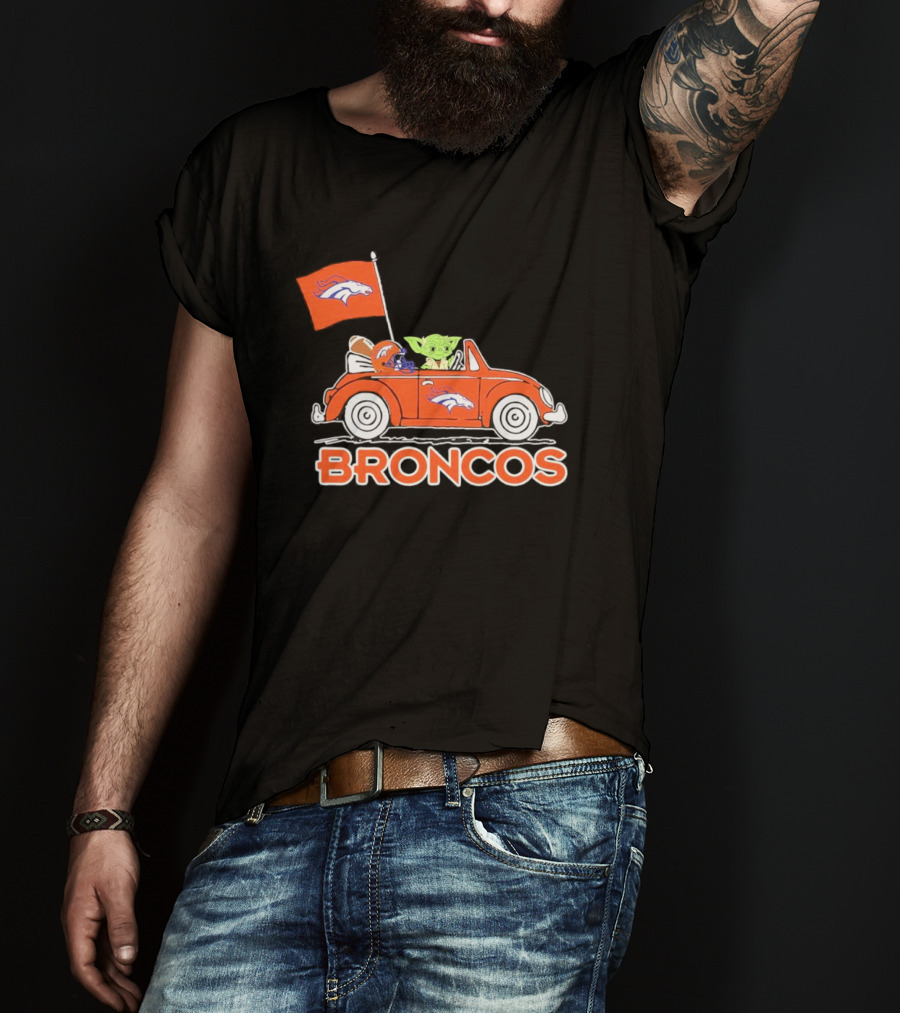 Yoda With Helmet In Denver Broncos Car With Flag T-Shirt