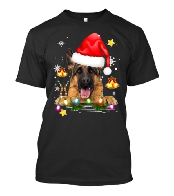 Happy Merry Christmas Lights German Shepherd Dog Festive Santa Hat T-Shirt