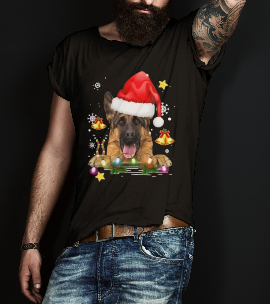 Happy Merry Christmas Lights German Shepherd Dog Festive Santa Hat T-Shirt