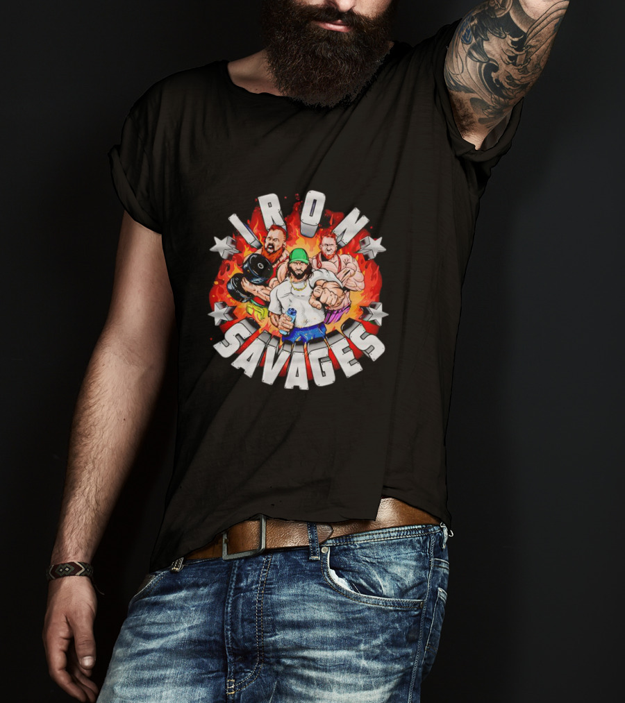 Iron Savages Pumping Iron Bodybuilders With Stars And Flames T-Shirt