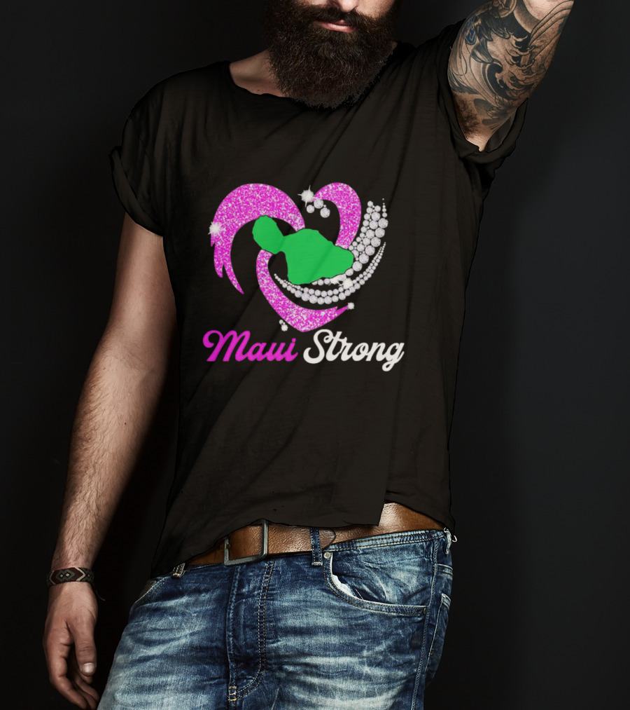 Maui Strong Pink Glitter Heart With Green Island And Diamond Accents T-Shirt