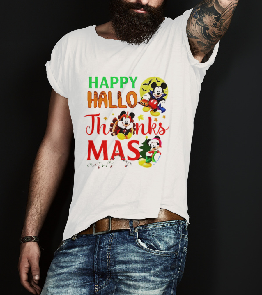 Mickey Mouse Happy Hallothanksmas Halloween Thanksgiving Christmas T-Shirt