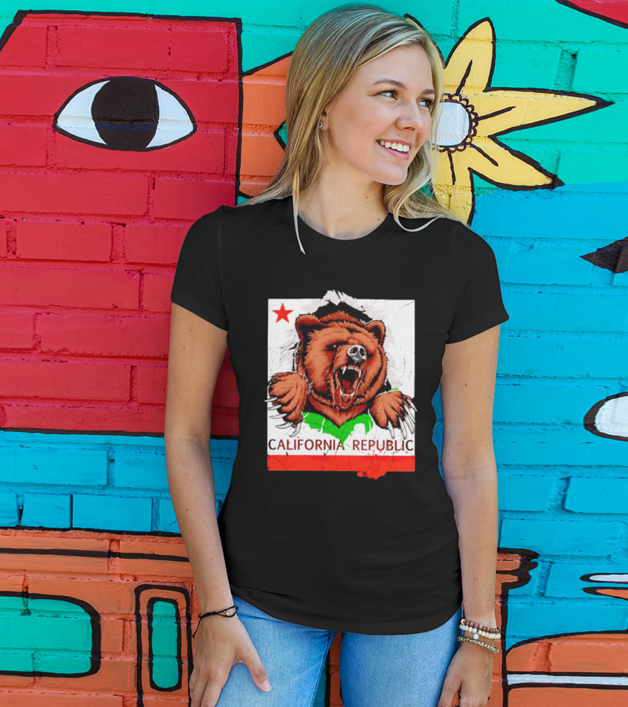 California Republic Bear Roaring Star Red Stripe T-Shirt