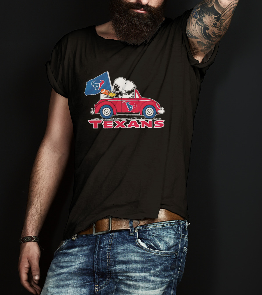 Snoopy And Woodstock Driving Car Texans Flag T-Shirt