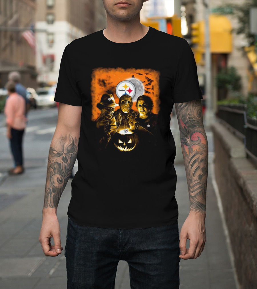 Pittsburgh Steelers Halloween with Freddy Krueger Jason Voorhees Michael Myers Horror Movies T-Shirt