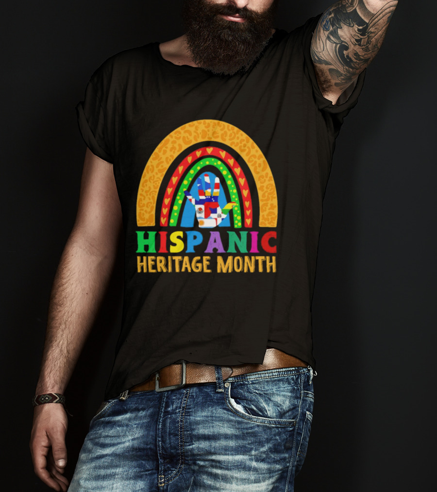Hispanic Heritage Month Rainbow With Flag Mosaic Hand T-Shirt