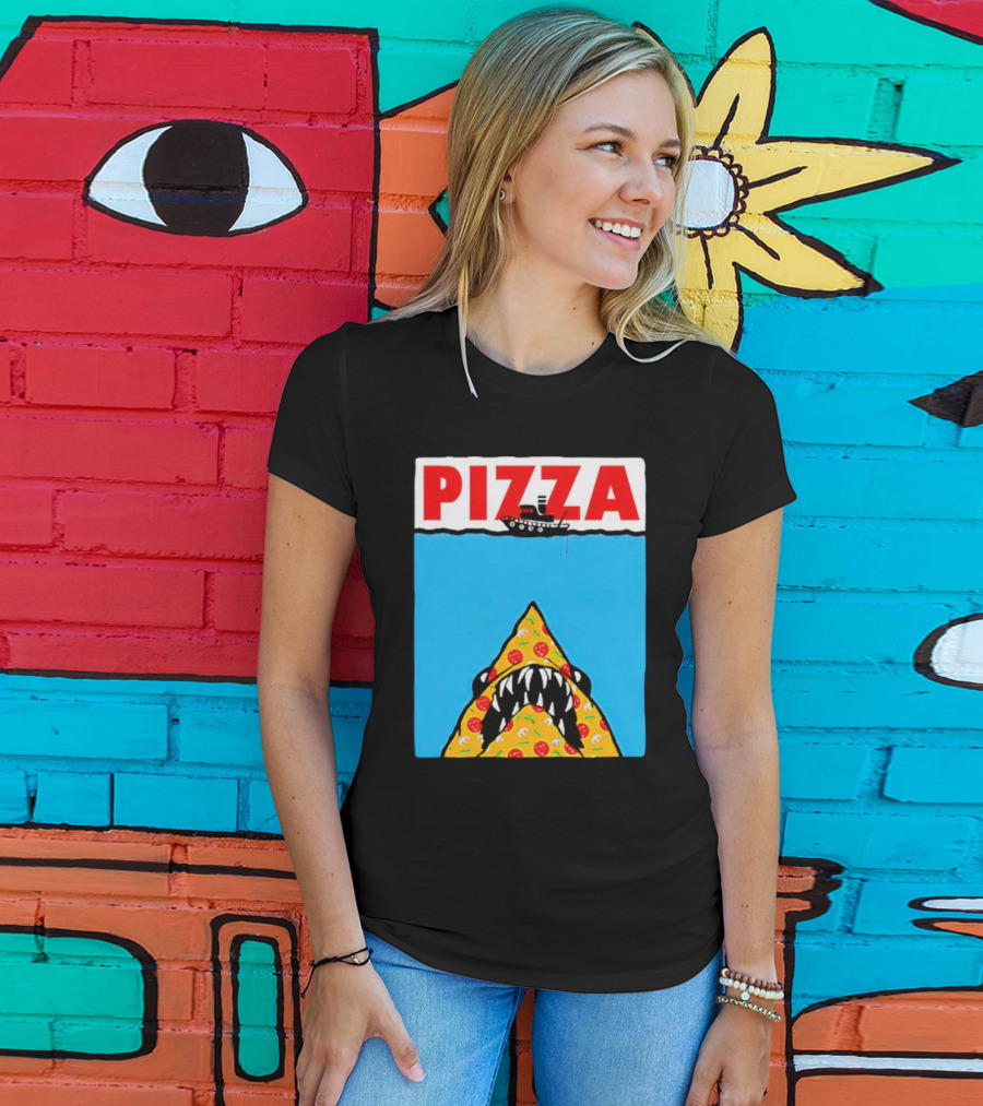 Pizza Slice Jaws Parody With Boat And Ocean T-Shirt