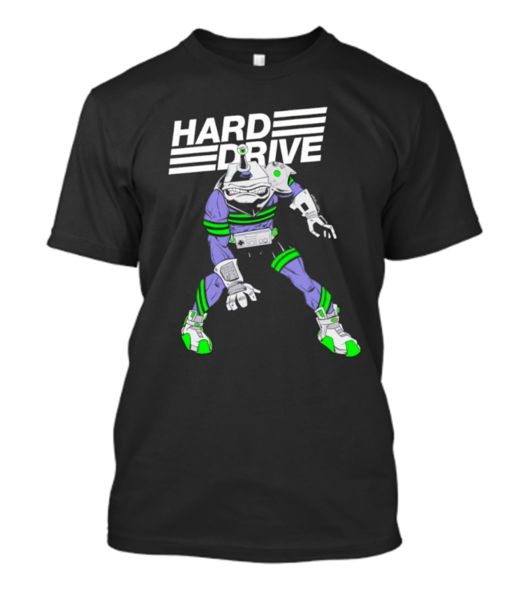 HARD DRIVE Futuristic Cyborg With Green And Purple Accents T-Shirt